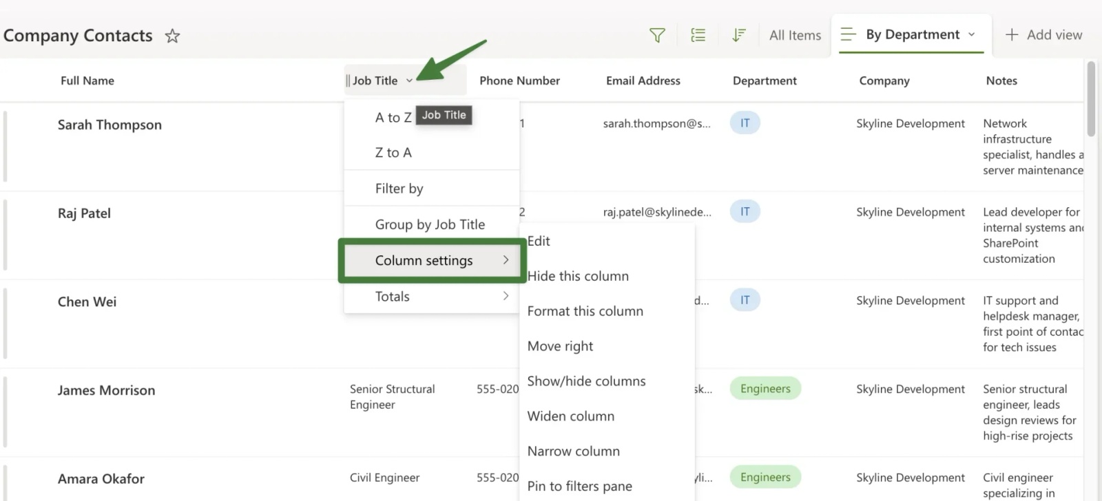   Choice column creation showing Department field with IT and Engineers options configured for dropdown selection