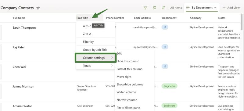   Choice column creation showing Department field with IT and Engineers options configured for dropdown selection