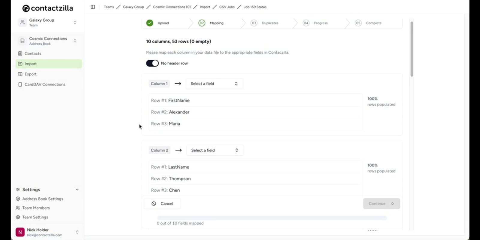 Contactzilla interface showing the team navigation and address book selection with the Cosmic Connections book selected