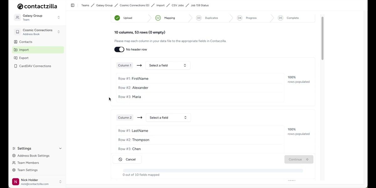 Contactzilla interface showing the team navigation and address book selection with the Cosmic Connections book selected