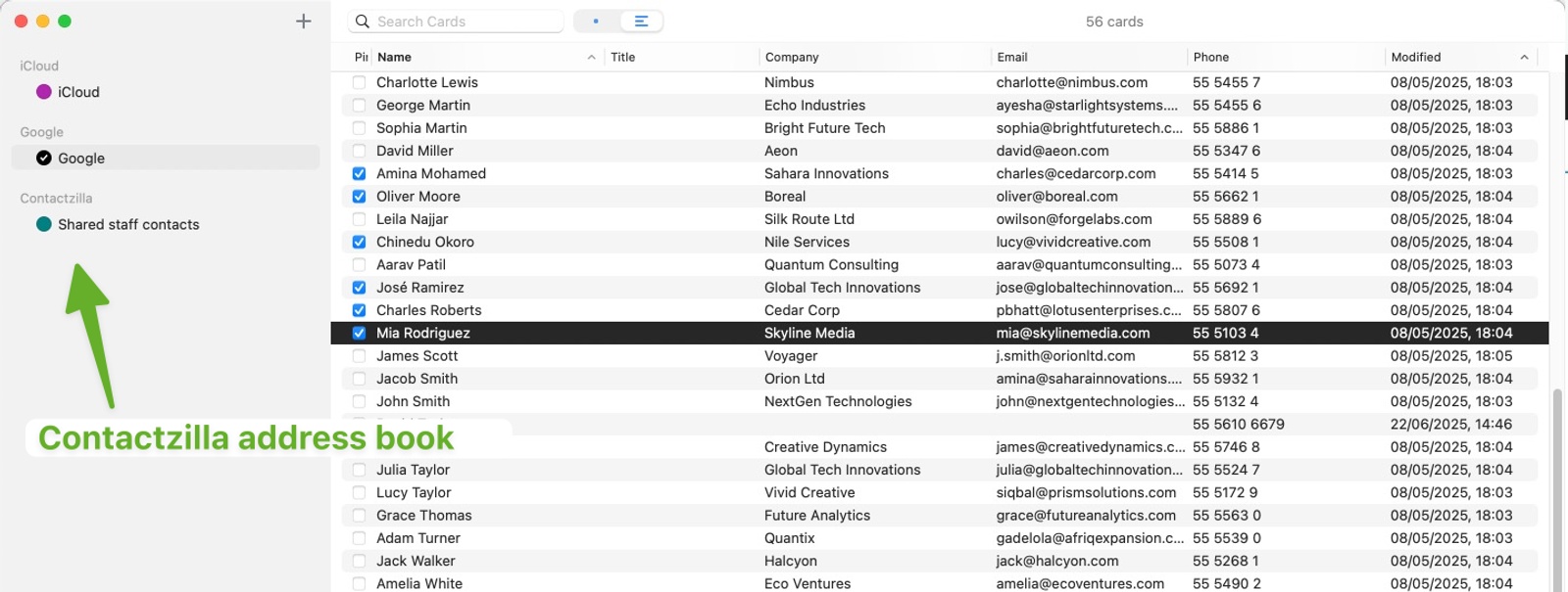 A screenshot of BusyContacts showing three address books in the left sidebar: iCloud (purple dot), Google (black dot), and Contactzilla with a “Shared staff contacts” address book (green dot). On the right, several contacts from the Google book are selected and ready to be dragged into the Contactzilla address book. The window header shows “56 cards” synced.