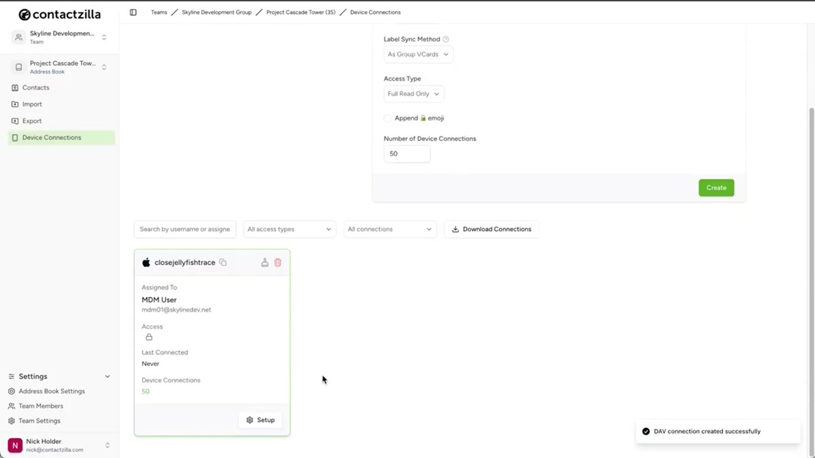 Contactzilla device connection setup screen with the option to download the mobileconfig file