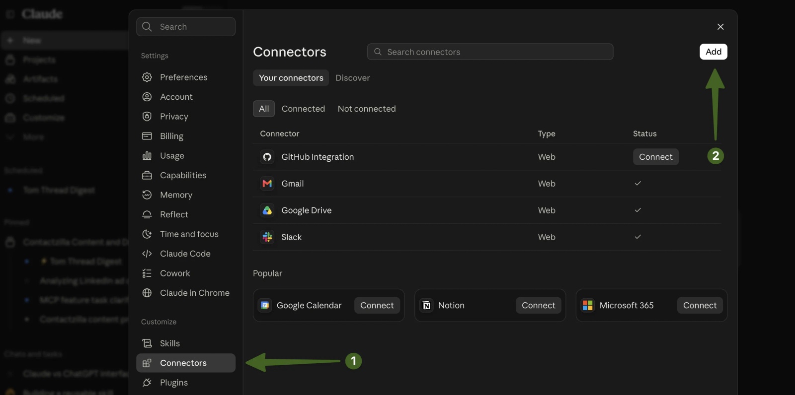 Claude Settings screen with Connectors selected in the sidebar and the Add button highlighted, used to start adding Contactzilla's MCP server as a custom connector.