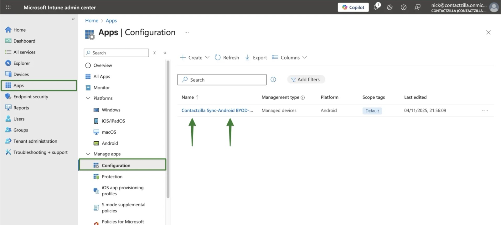 Microsoft Intune › Apps › Configuration list showing the ‘Contactzilla Sync – Android BYOD – App Config’ policy selected to open.