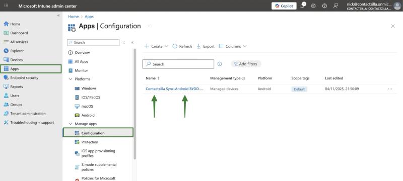 Microsoft Intune › Apps › Configuration list showing the ‘Contactzilla Sync – Android BYOD – App Config’ policy selected to open.