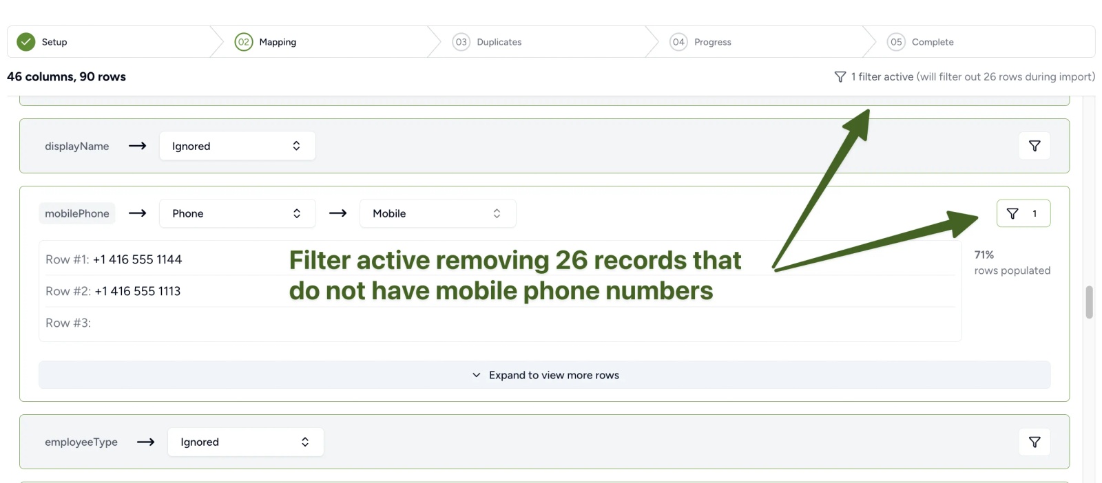 Contactzilla's mapping screen showing an active filter that excludes 26 records with no mobile phone number from the import.