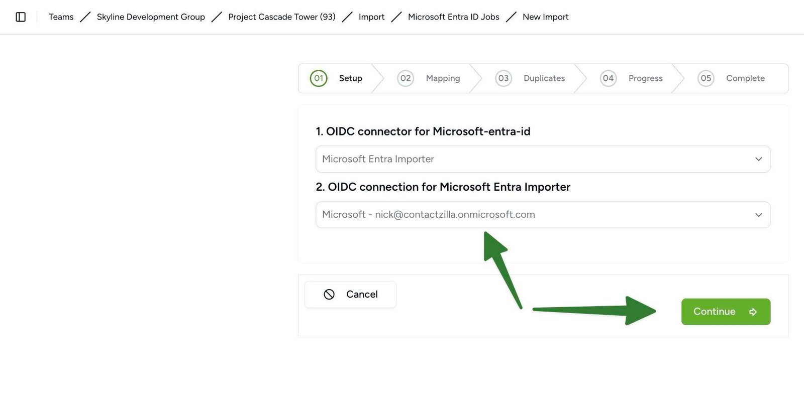 Microsoft Entra ID OIDC connection successfully created and selected in Contactzilla