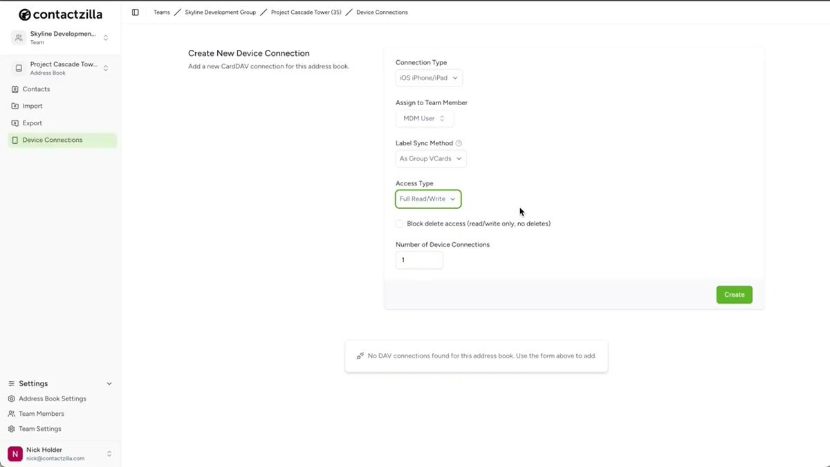 Contactzilla connection configuration showing access level options including read-only, read-write, and selective read-only with label selection
