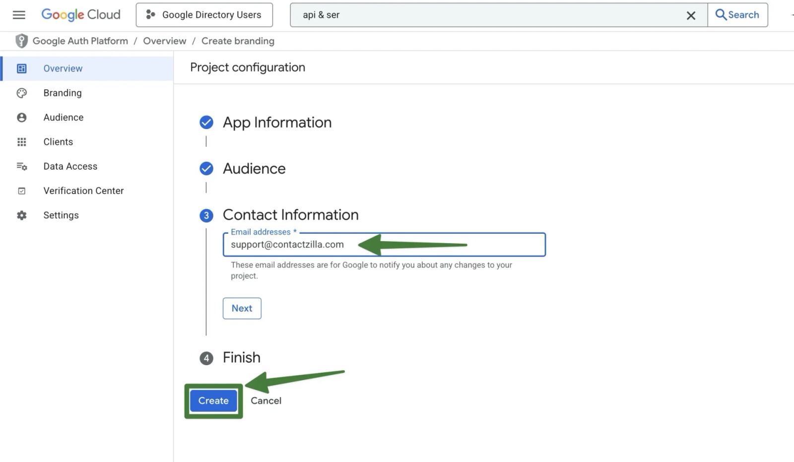 Google Cloud OAuth setup screen displaying the Contact Information step with the notification email entered.