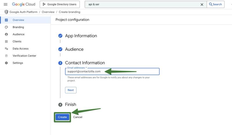 Google Cloud OAuth setup screen displaying the Contact Information step with the notification email entered.