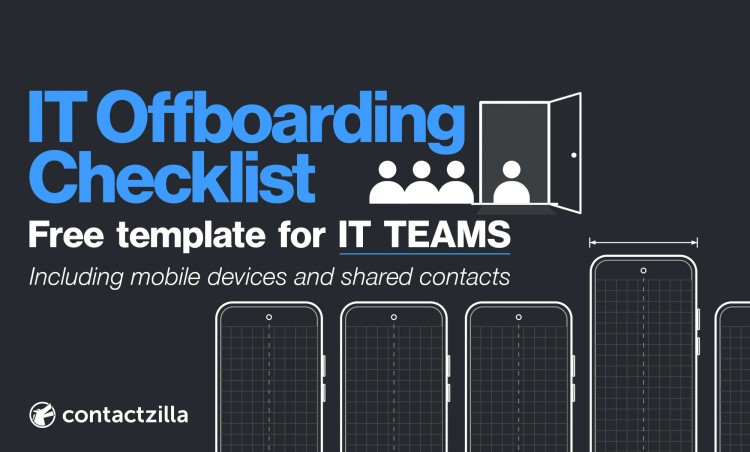 IT offboarding checklist header: three leaver icons walking out of an open door, above a row of blueprint-style phone outlines, with the line Free template for IT TEAMS, including mobile devices and shared contacts.