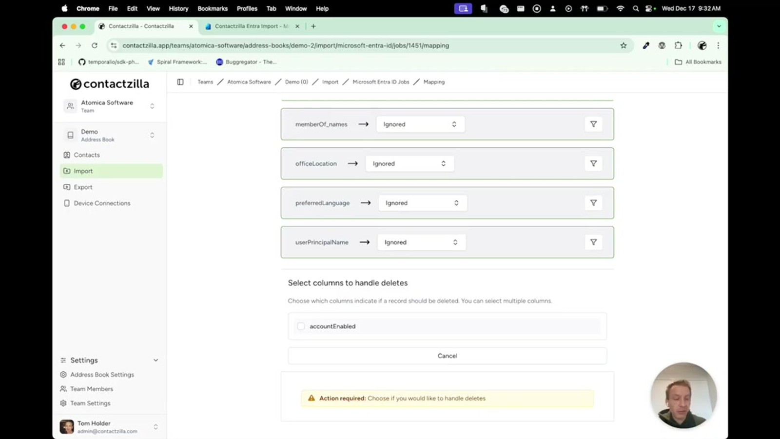 Delete handling configuration showing the account enabled field selected for triggering contact deletion