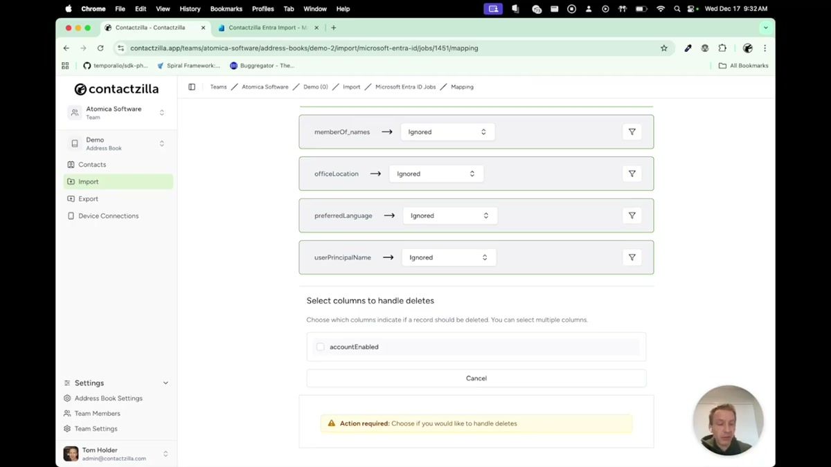 Delete handling configuration showing the account enabled field selected for triggering contact deletion