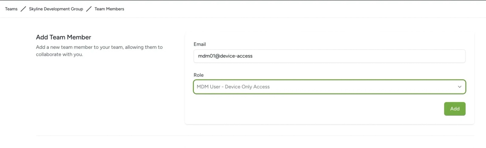 Screenshot of Contactzilla’s “Add Team Member” screen showing creation of an MDM User with Device Only Access, used for deploying shared contact profiles to mobile devices through an MDM system.