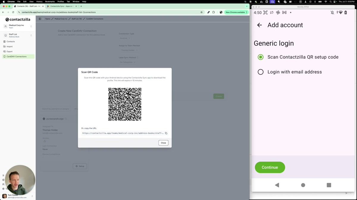 Contactzilla Sync app on Android showing the Add Account screen with Scan QR Setup Code option