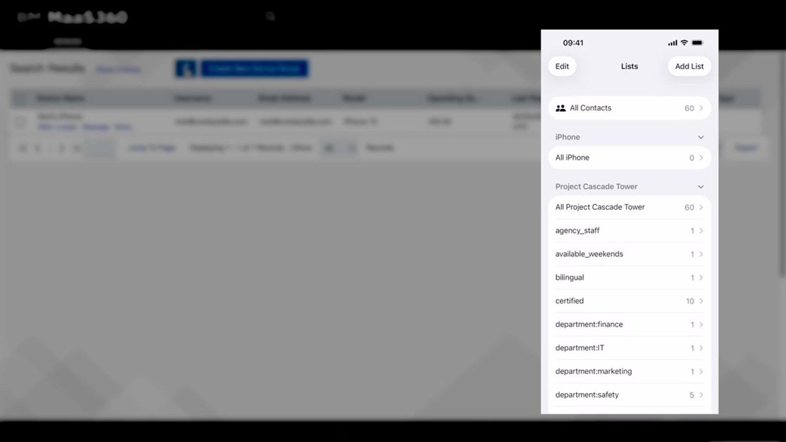 iPhone showing the deployed Contactzilla address book with contacts organized by labels as lists, alongside the MaaS360 device group interface