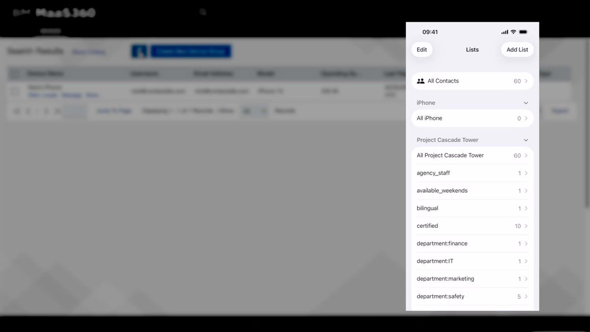 iPhone showing the deployed Contactzilla address book with contacts organized by labels as lists, alongside the MaaS360 device group interface