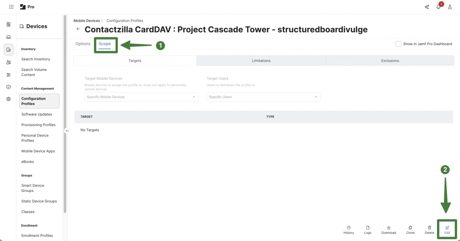 Jamf Pro configuration profile screen showing the Contacts payload configured for a Contactzilla CardDAV connection before defining scope.