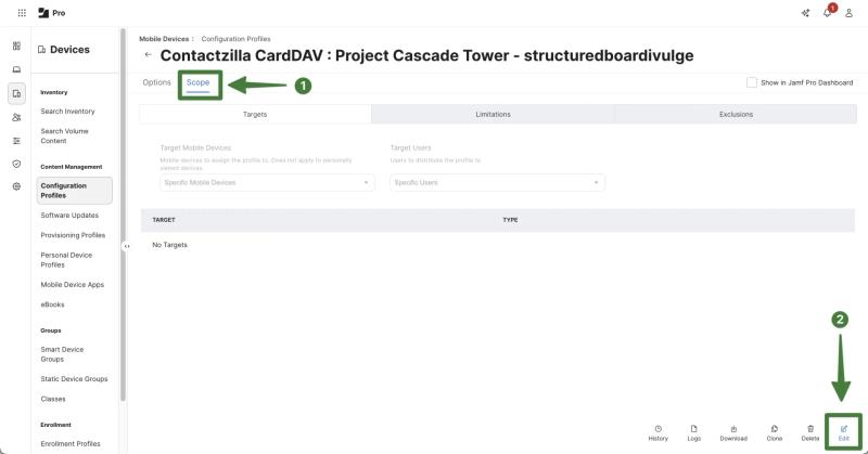 Jamf Pro configuration profile screen showing the Contacts payload configured for a Contactzilla CardDAV connection before defining scope.