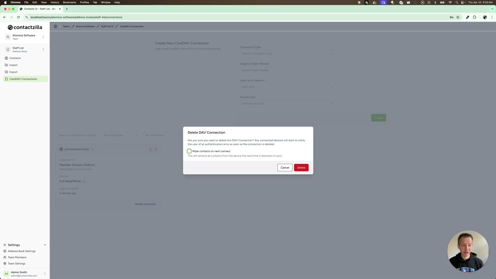 Delete connection dialog with the Wipe contacts on next connect checkbox enabled and explanation text visible