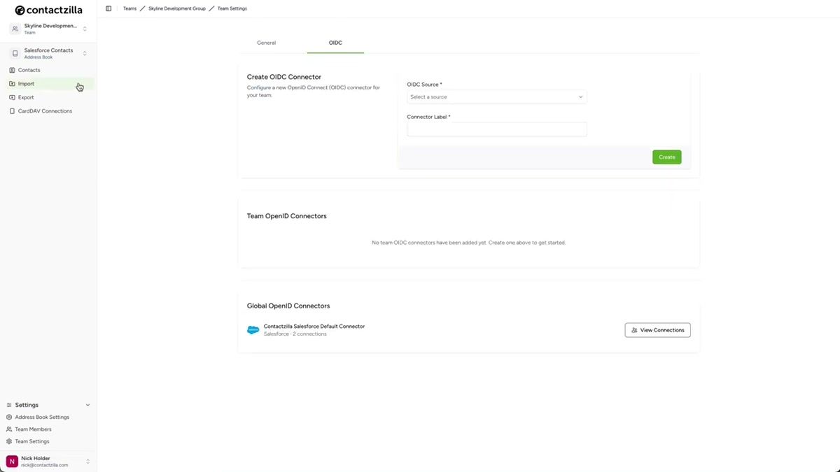 Contactzilla import setup screen showing the Salesforce connector selected in the first dropdown and the Add New Connection option in the second