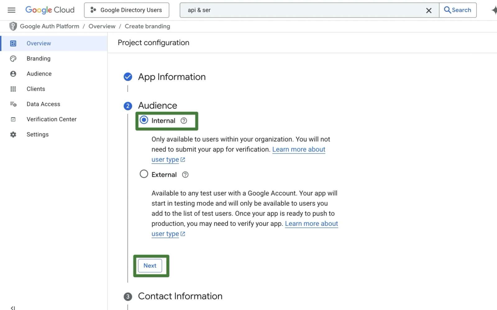 Google Cloud OAuth configuration page with the Internal audience option selected for an organisation-only app.