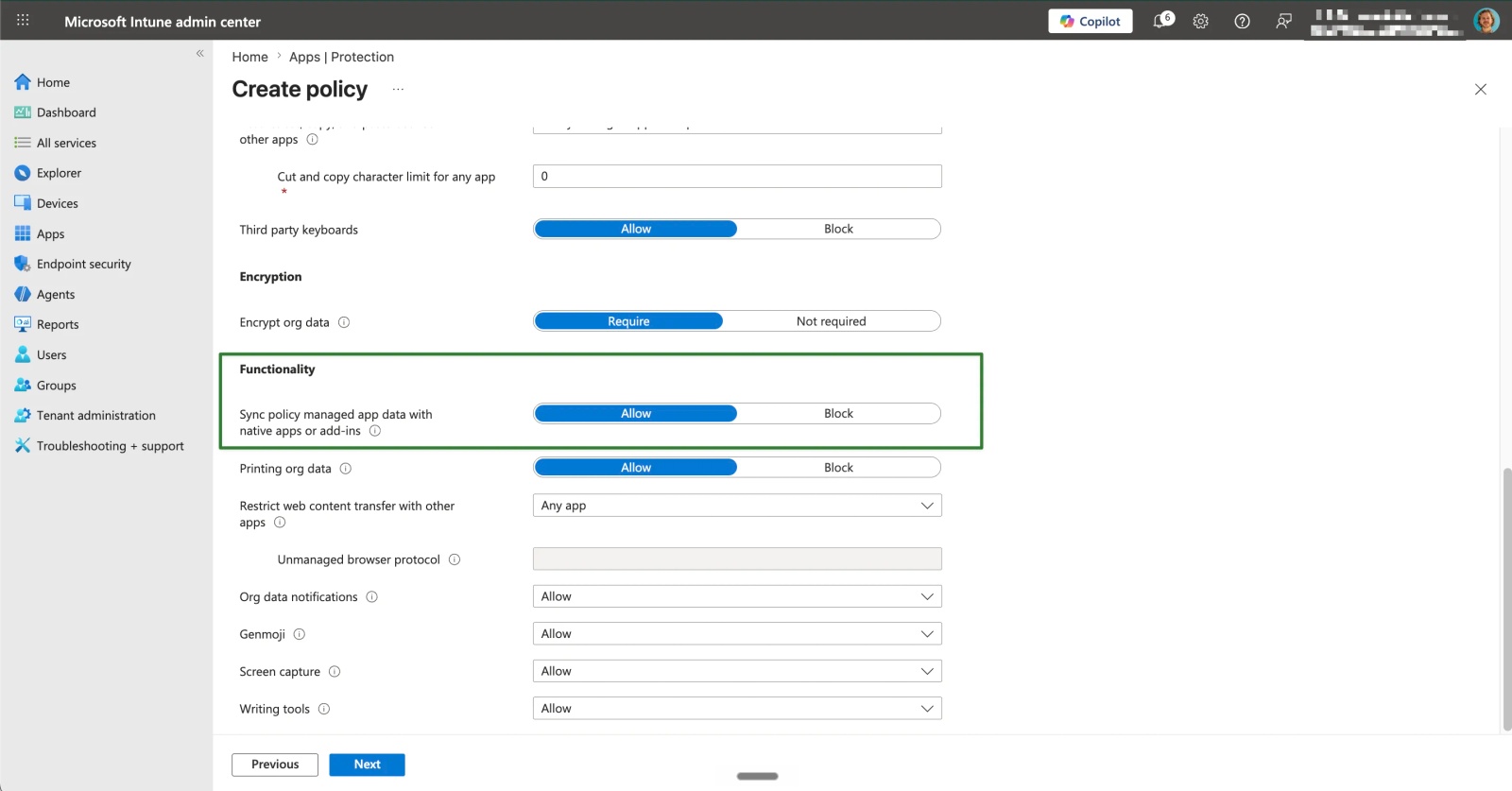 Intune App Protection Policy setting for Sync policy managed app data with native apps or add-ins.