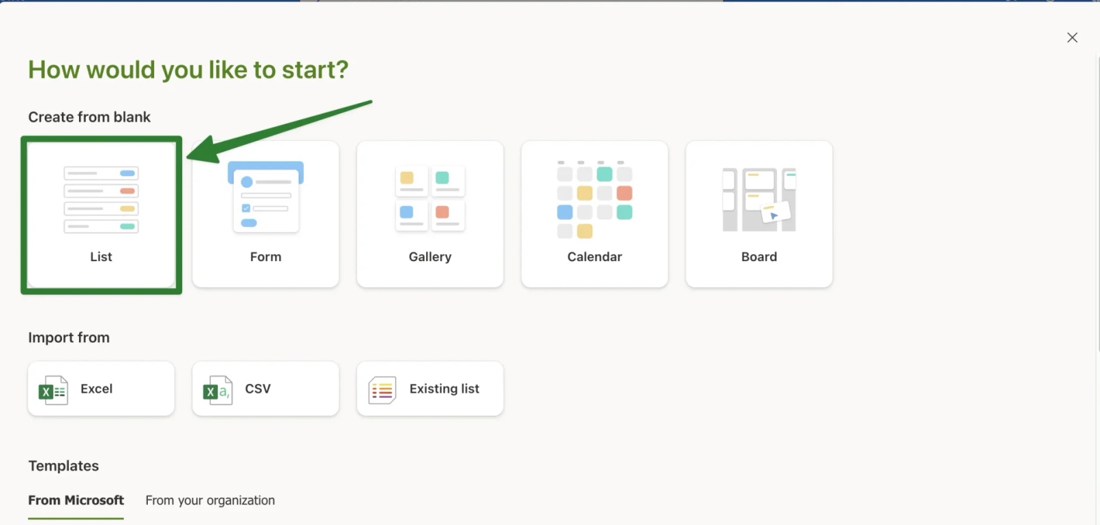 SharePoint list creation dialog with blank List template selected among options including Form, Gallery, Calendar, and Board