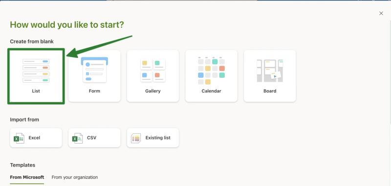 SharePoint list creation dialog with blank List template selected among options including Form, Gallery, Calendar, and Board