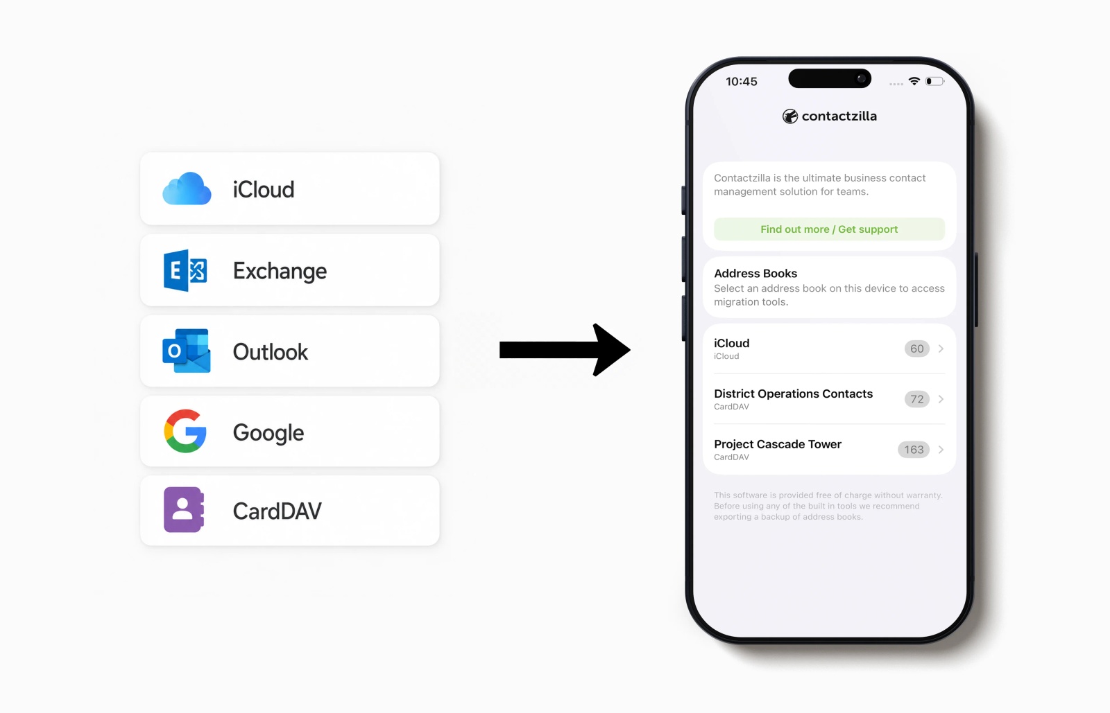 Contactzilla Migration Tools showing iPhone address books from iCloud, Exchange, Outlook, Google and CardDAV.