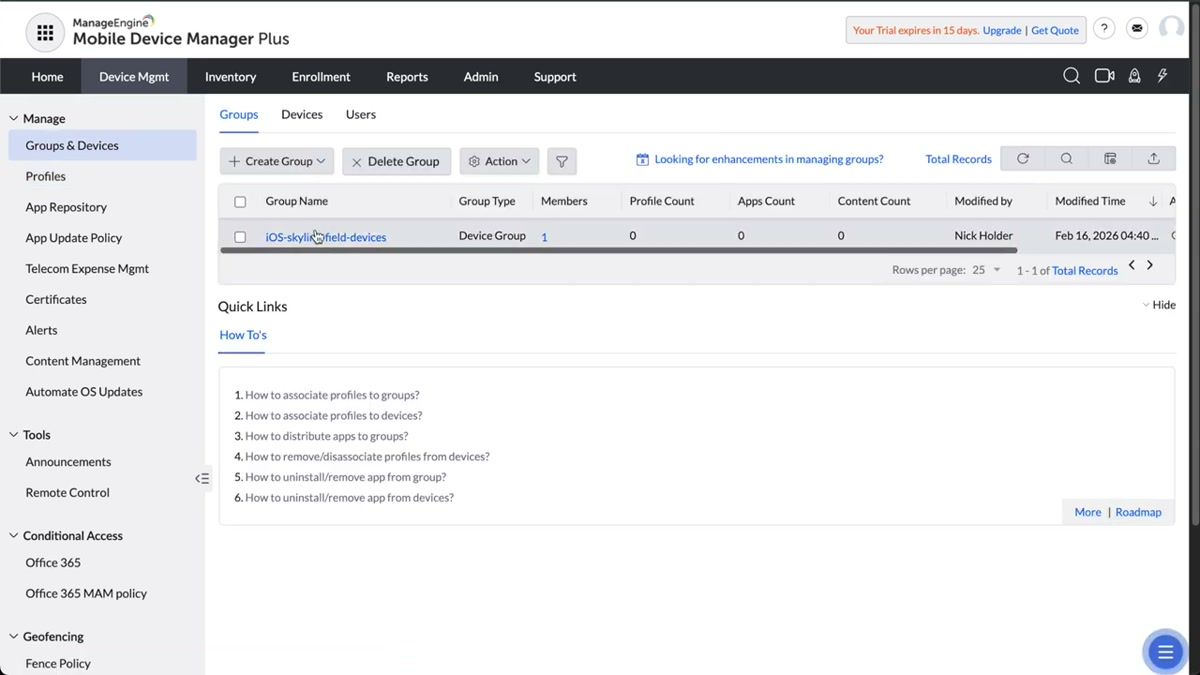 ManageEngine device group screen showing the associate profile action with the Contactzilla profile selected