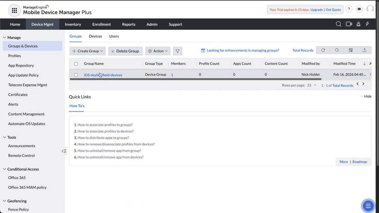ManageEngine device group screen showing the associate profile action with the Contactzilla profile selected