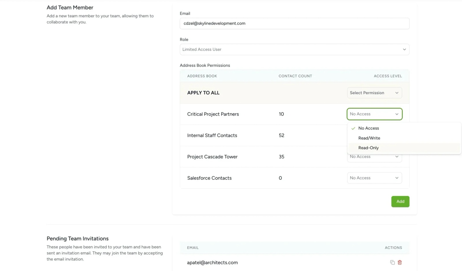 Adding a team member in Contactzilla and assigning read-only or read/write permissions to specific address books.