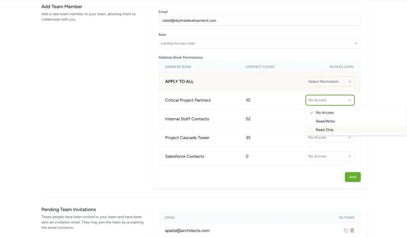 Adding a team member in Contactzilla and assigning read-only or read/write permissions to specific address books.