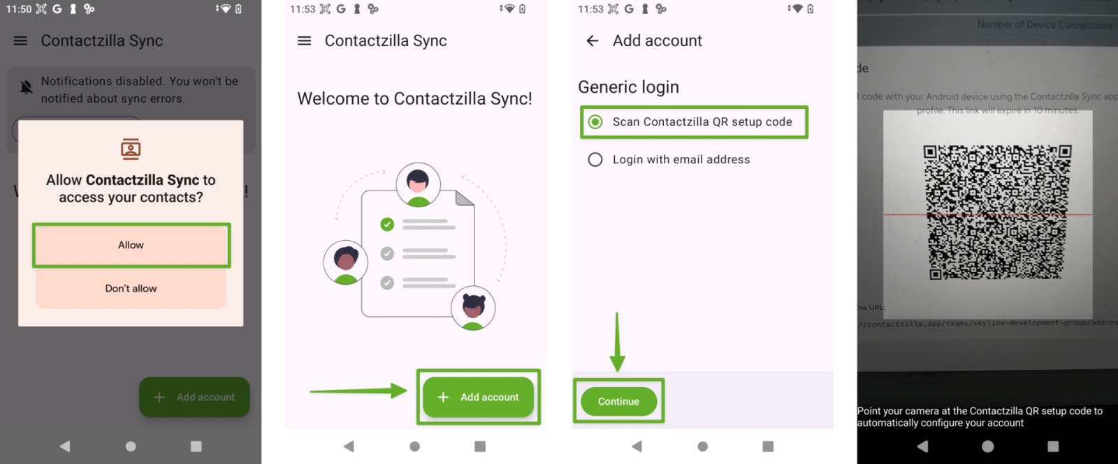 Four screenshots from the Contactzilla Sync app for Android, showing how to connect a device using a QR code. The first screen prompts the user to allow access to contacts. The second screen welcomes the user with an option to add an account. The third screen shows the login method selection, with "Scan Contactzilla QR setup code" selected. The final screen displays the phone scanning a QR code from the Contactzilla web app to auto-configure the sync connection.
