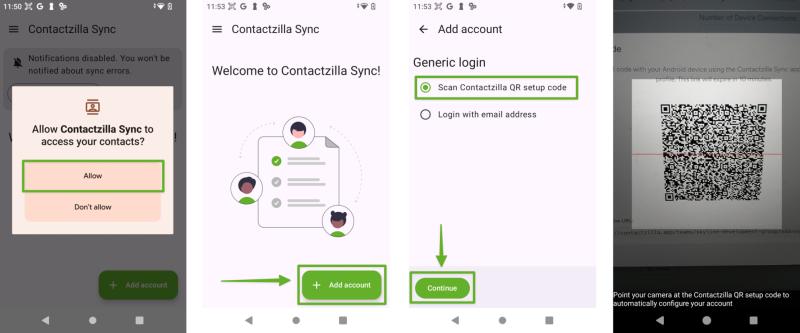 Four screenshots from the Contactzilla Sync app for Android, showing how to connect a device using a QR code. The first screen prompts the user to allow access to contacts. The second screen welcomes the user with an option to add an account. The third screen shows the login method selection, with "Scan Contactzilla QR setup code" selected. The final screen displays the phone scanning a QR code from the Contactzilla web app to auto-configure the sync connection.