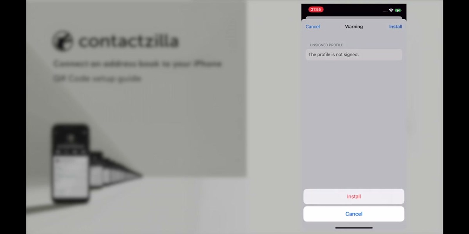 iPhone screen showing the Install button for the Contactzilla provisioning profile