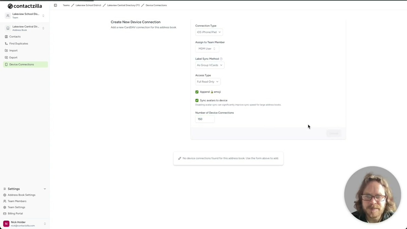Contactzilla device connections list showing the newly created iOS connection with the download action