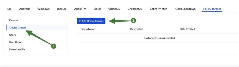 Hexnode Policy Targets screen showing Device Groups selected and the Add Device Groups button used to assign the policy.