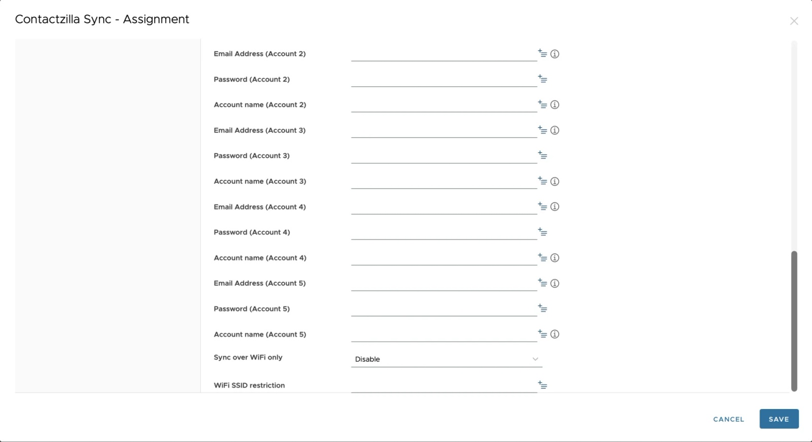 Workspace ONE extended Contactzilla Sync configuration fields for multiple CardDAV accounts and WiFi sync restrictions.