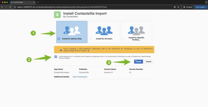 Install Contactzilla Salesforce connector – select "Install for Admins Only", tick acknowledgement box, and click install.