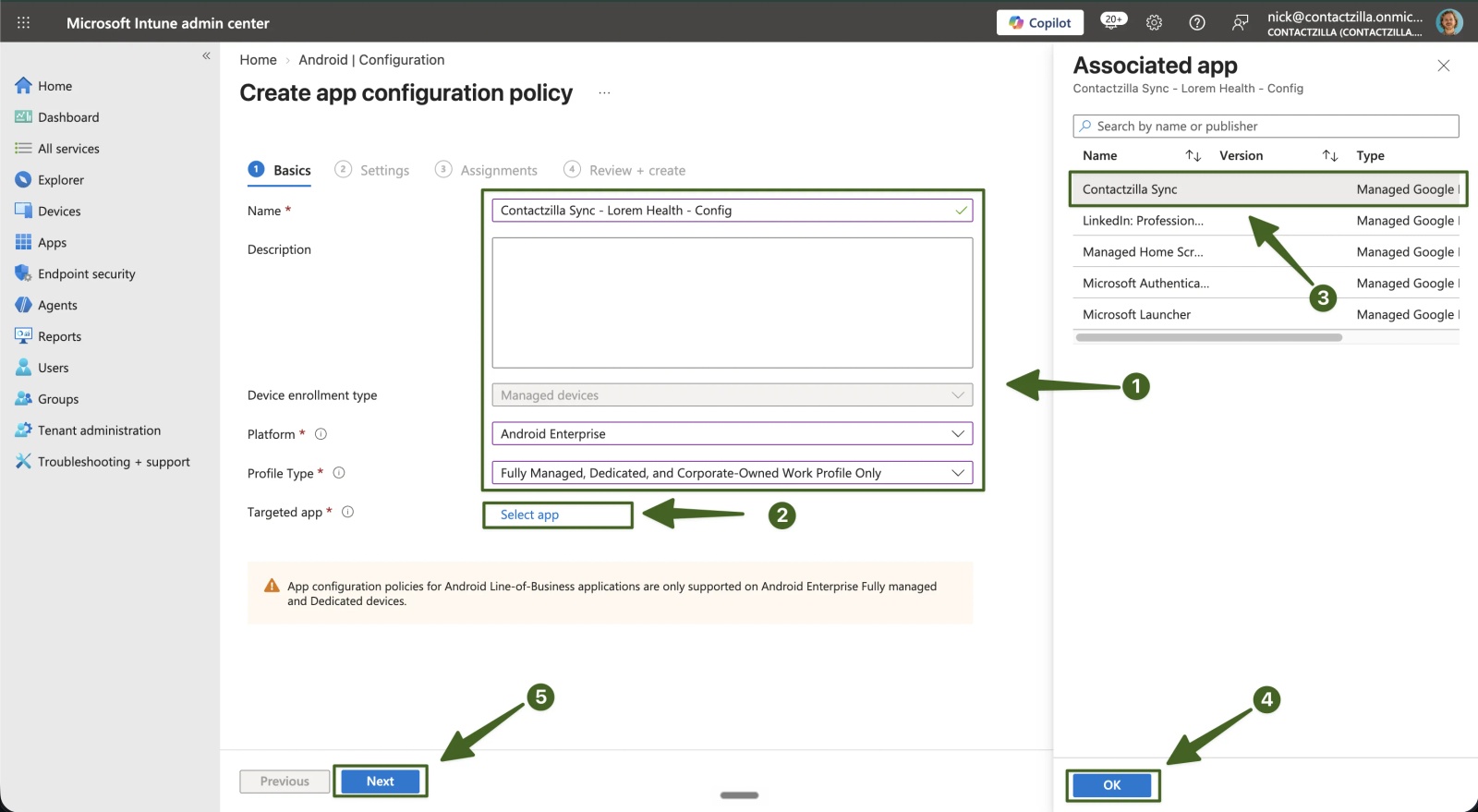 Intune Create app configuration policy Basics tab with name, description, Android Enterprise platform and profile type highlighted (1), Select app (2), Contactzilla Sync chosen in the Associated app panel (3), OK (4) and Next (5)