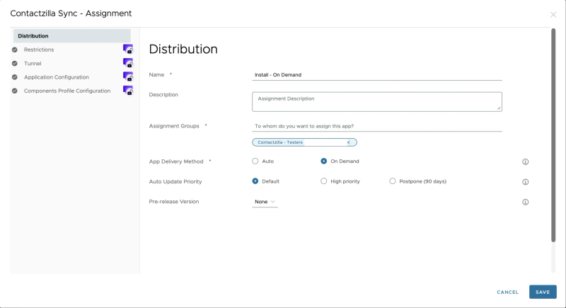 Workspace ONE Distribution settings page used to assign the Contactzilla Sync Android app to device groups.