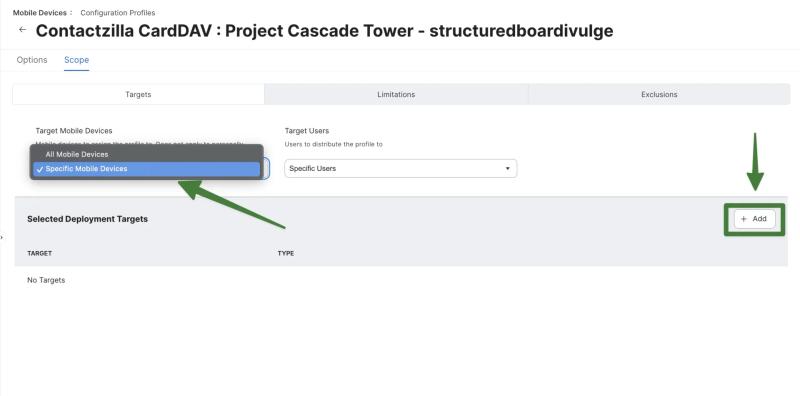 Jamf Pro Scope tab showing how to select “Specific Mobile Devices” and use the Add button to target Contactzilla CardDAV profile deployment.