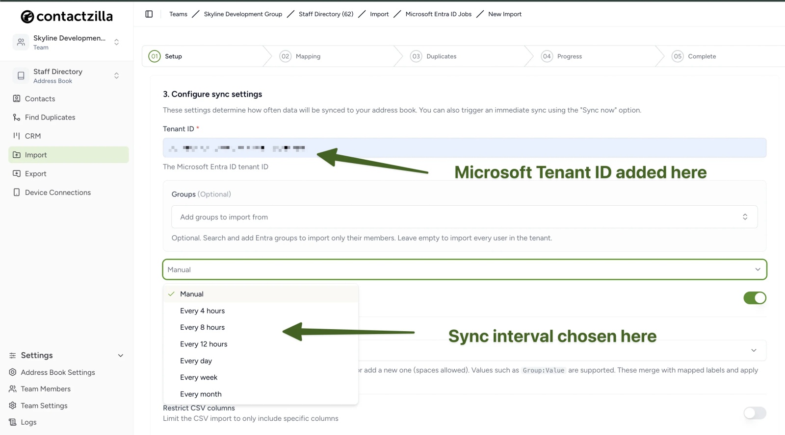 Contactzilla's Entra ID import sync settings showing the tenant ID field and a sync interval dropdown with Manual, hourly, daily, weekly and monthly options.