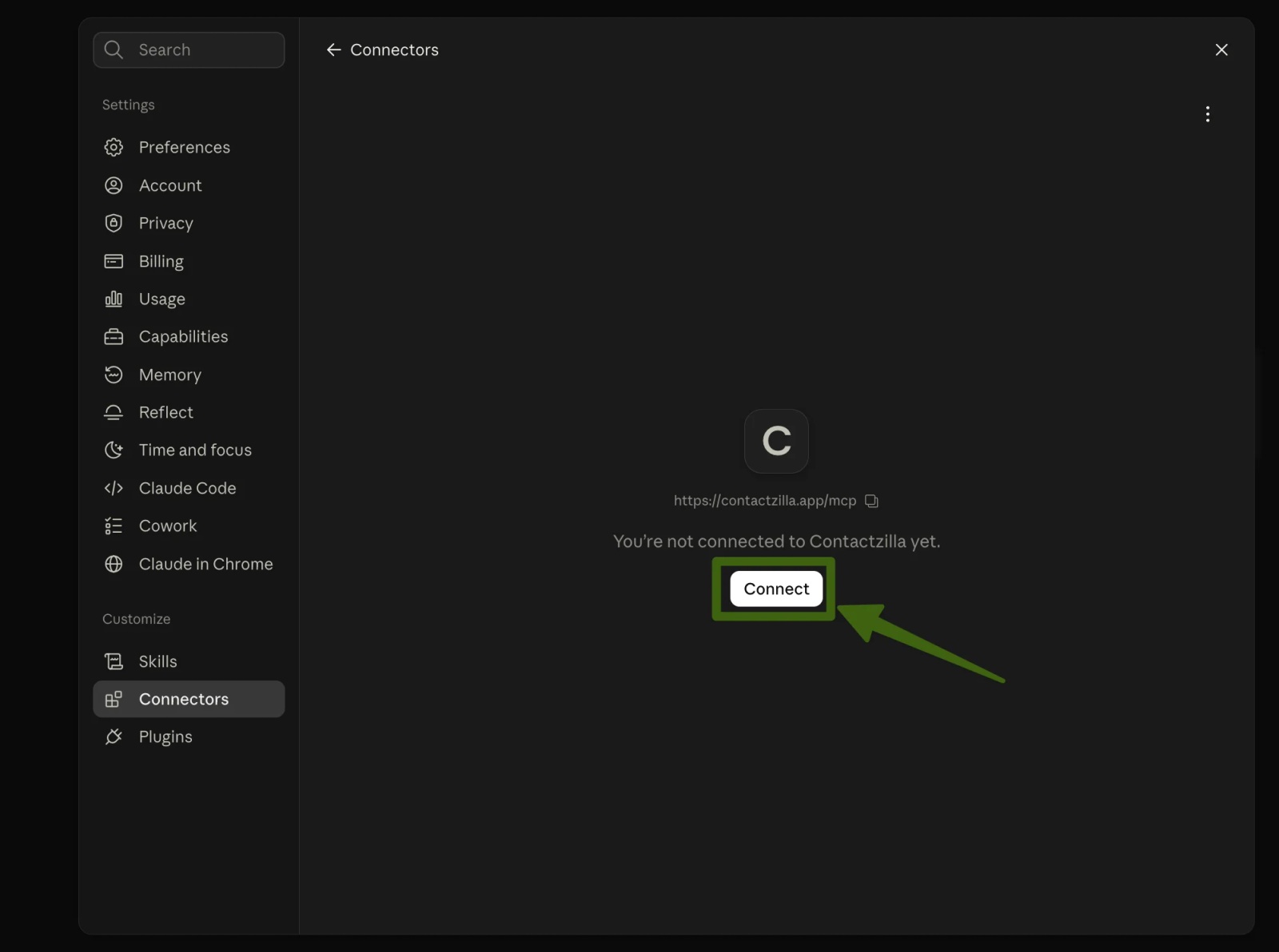 Claude Connectors page showing Contactzilla added but not yet connected, with the Connect button highlighted.