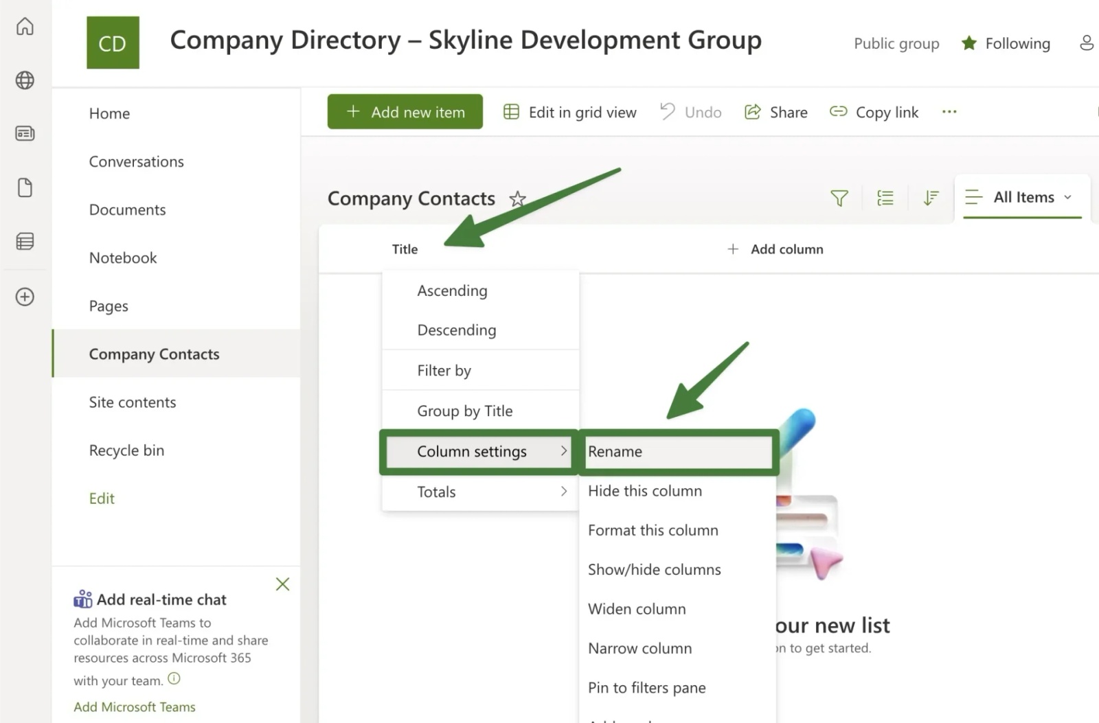 SharePoint list column settings menu displaying Rename option to change Title column to Full Name in contact list