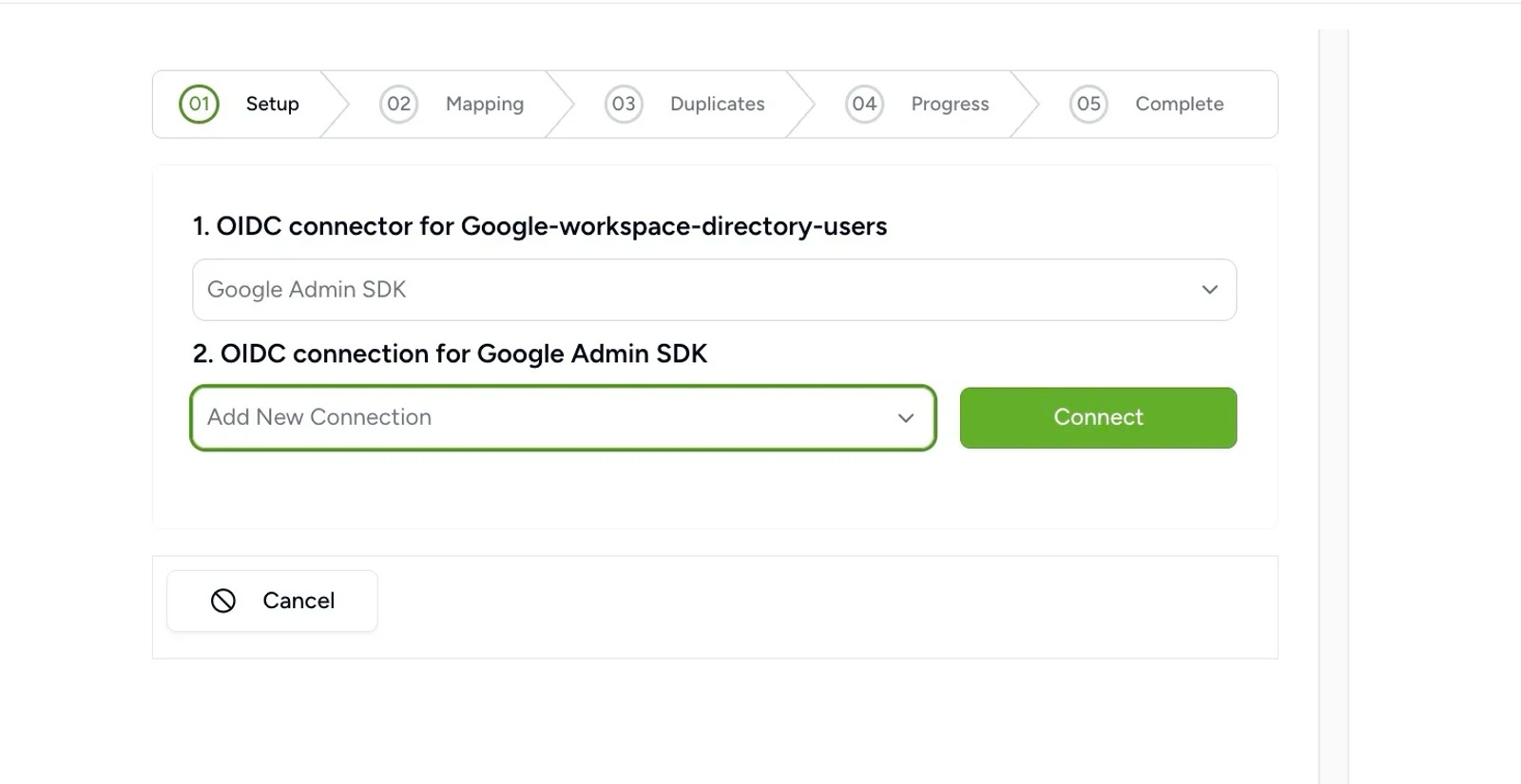 Contactzilla Google Workspace directory import setup showing OIDC connector configuration for syncing Google Workspace Directory Users.