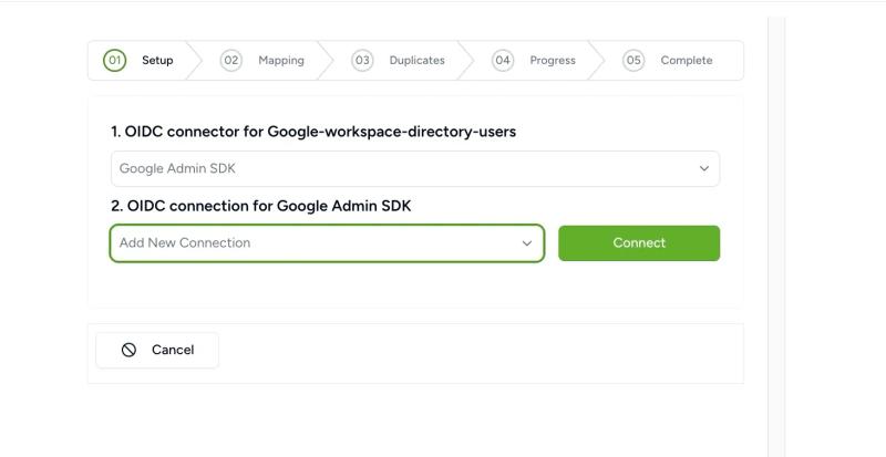 Contactzilla Google Workspace directory import setup showing OIDC connector configuration for syncing Google Workspace Directory Users.
