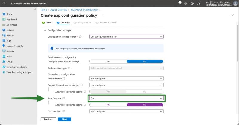 Screenshot of Microsoft Intune app configuration policy showing the "Save Contacts" option enabled for Outlook, allowing contact sync to the native iOS address book.